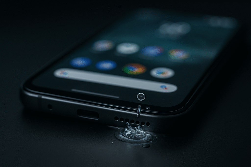 Close-up of a modern smartphone with water splashing near its speaker grille on a dark surface.