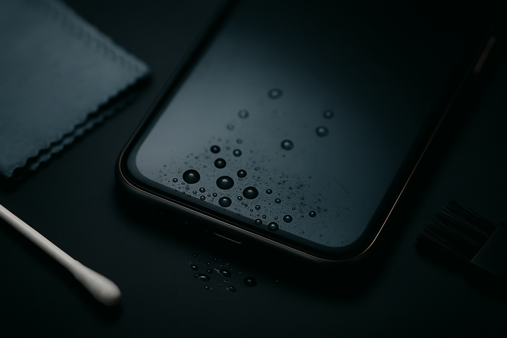 Close-up of a wet smartphone with water droplets near the speaker, surrounded by cleaning tools on a dark surface.