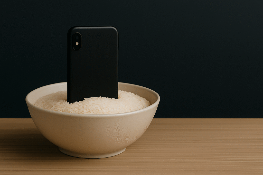 Smartphone partially buried in a bowl of rice on a dark background.